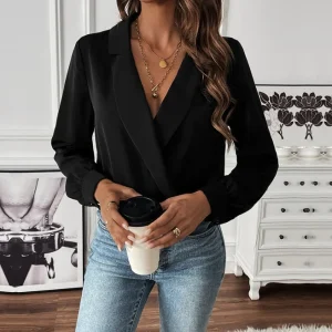 Women's solid color V-neck jumpsuit long sleeved 2025 autumn and winter new fashion casual lapel shirt jumpsuit women's clothing