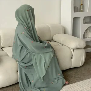2025 Women Modest Abaya Dubai Chiffon Fabric Designs Flower Embroidery Muslim Opan Abaya Hijab 2 Piece Set Islamic Clothing