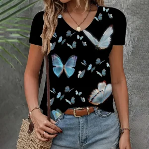 Women's Top T-shirt Summer V-neck Short Sleeve Butterfly Pattern Elegant Clothing Loose Comfortable Women's Clothing T-shirt